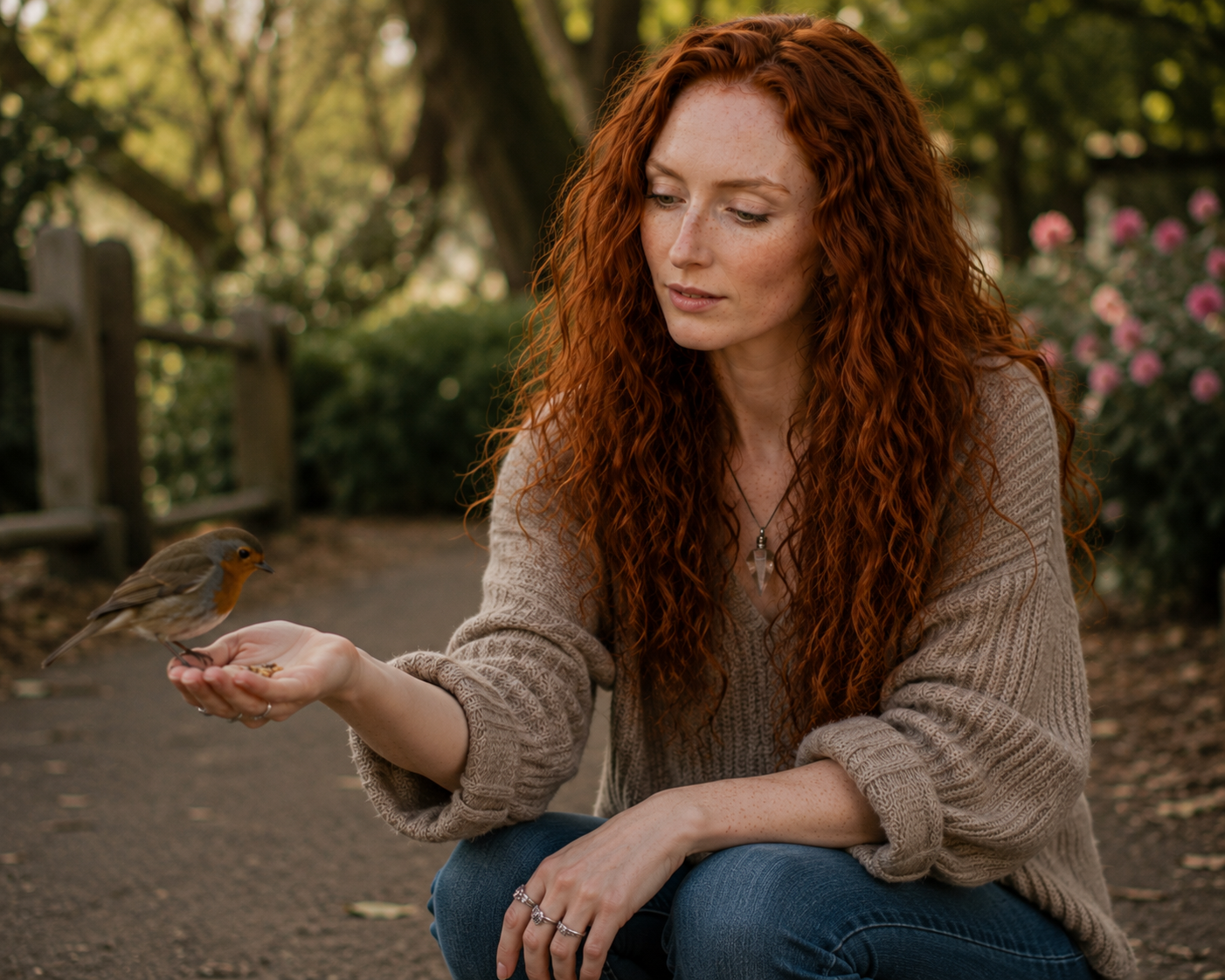 Angelica's avatar outdoors with a bird, suggesting nature and spiritual reflection