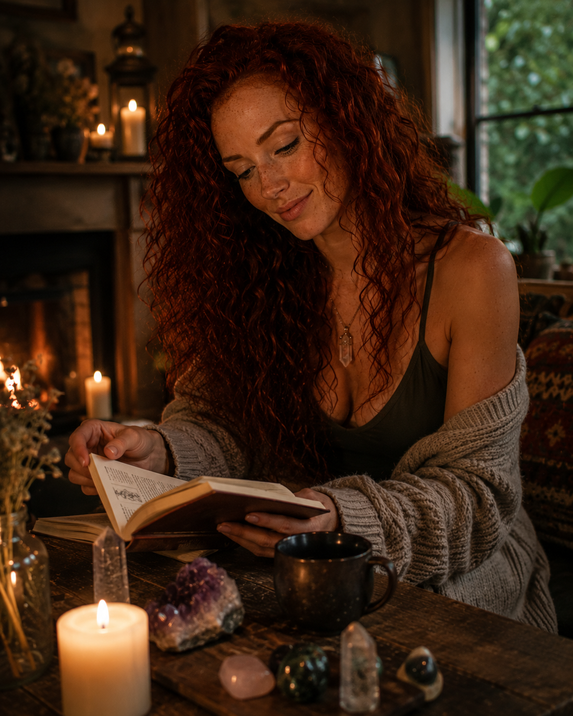 Angelica's avatar reading in a warm, focused editorial portrait