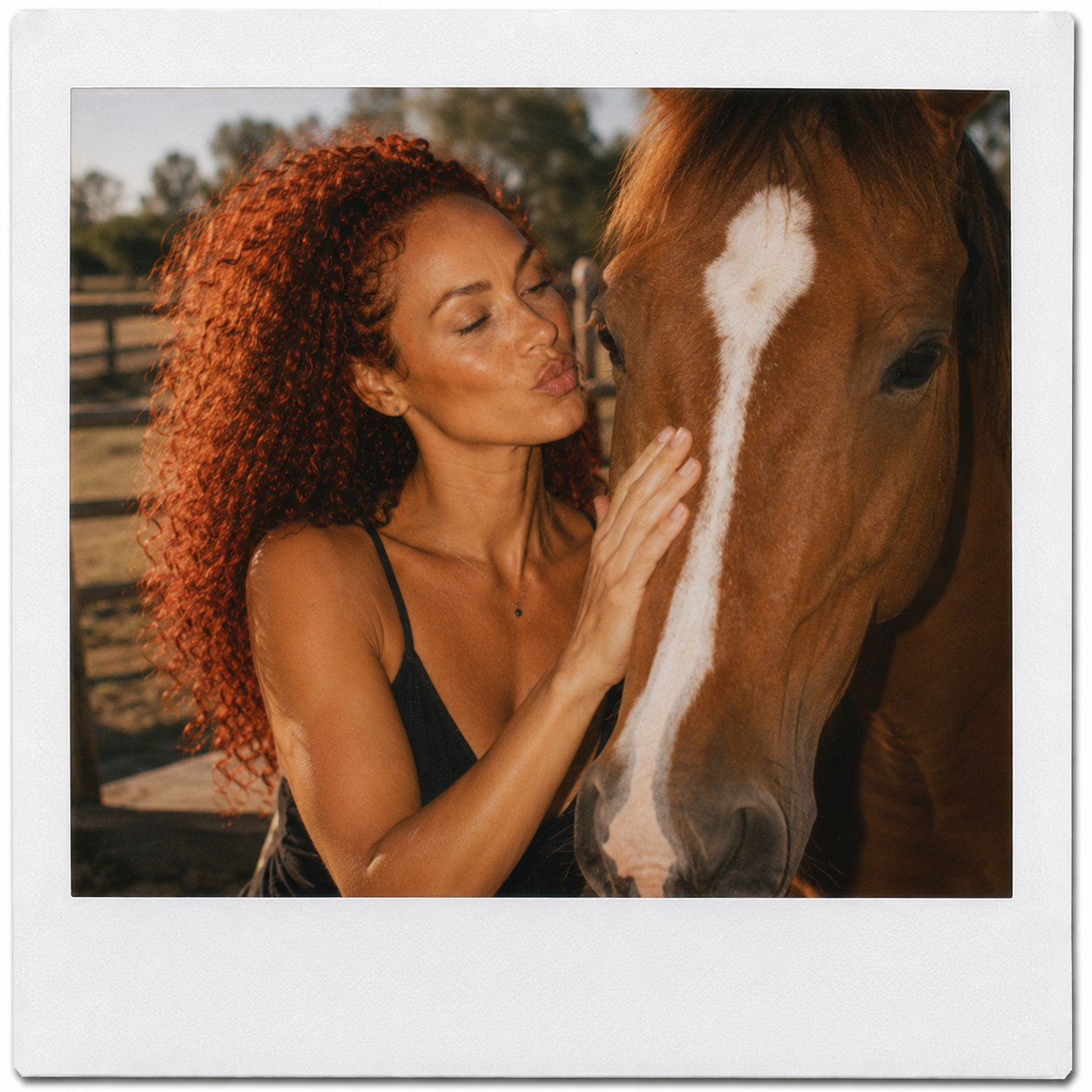 Angelica's avatar gently petting a horse in a calm countryside portrait for an article about healing and Chiron