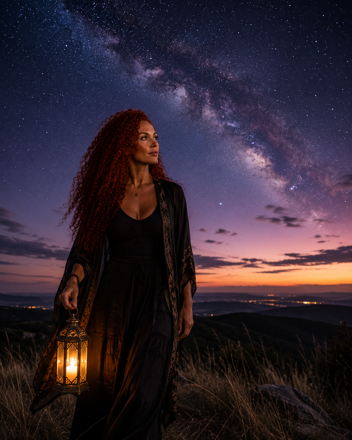 Angelica's avatar holding a lantern while gazing at the night sky