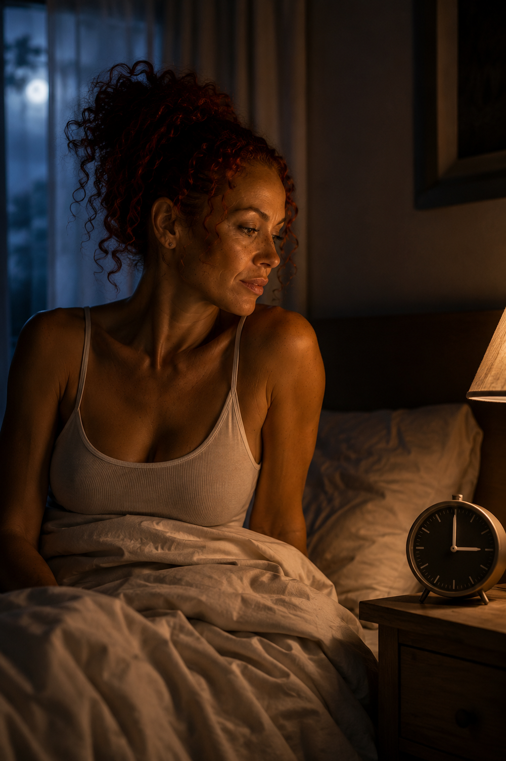 Angelica's avatar awake beside a bedside clock in a moonlit bedroom for an article about waking at 3am