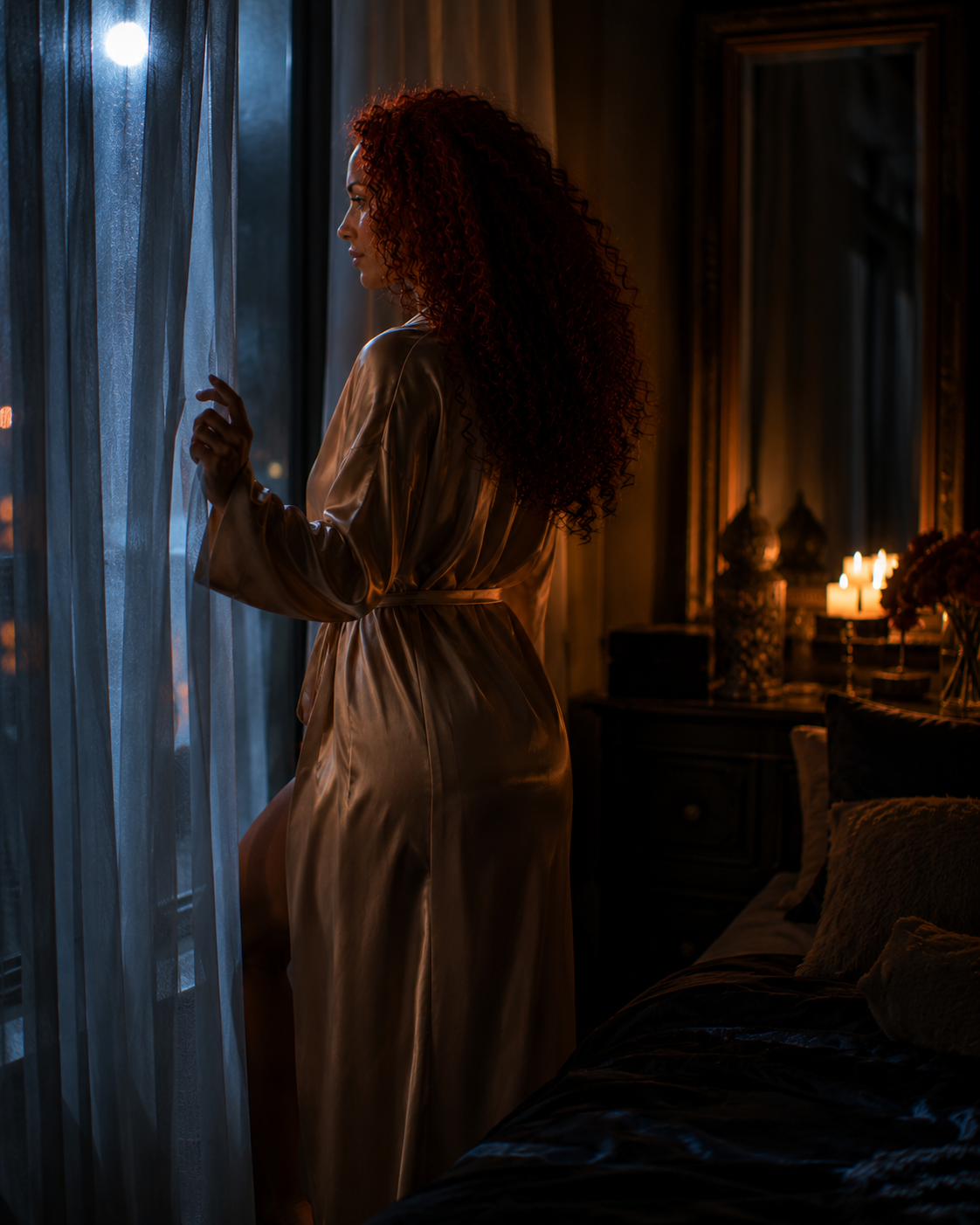 Angelica's avatar gazing out of a moonlit window in a reflective nocturnal portrait
